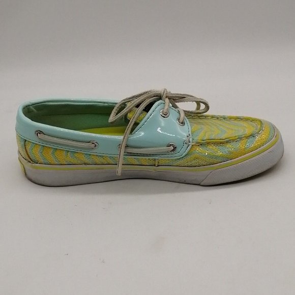 Sperry Top Sider Womens Boat Shoe Blue Yellow Striped Rawhide Laces Flat Heel 6 - Picture 2 of 10